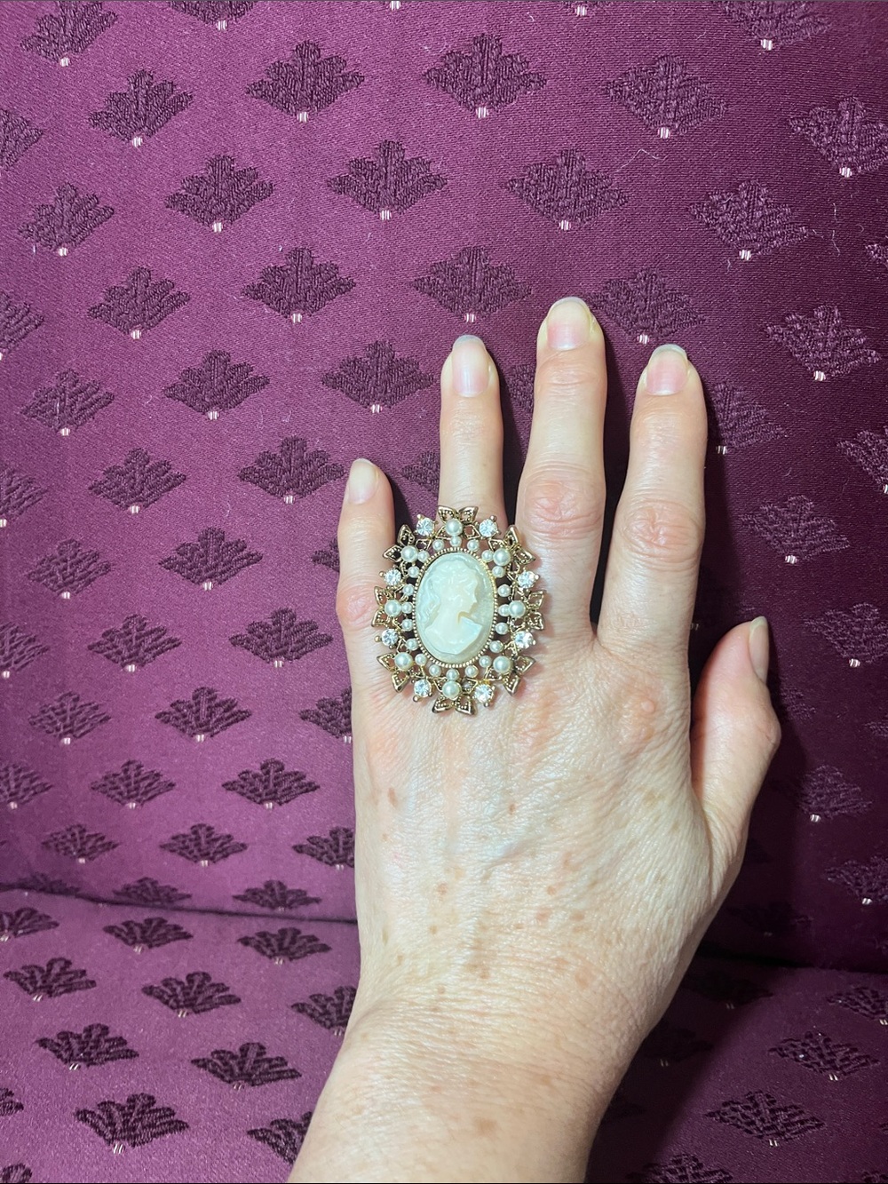 Gold-Tone Cameo Statement Ring with Pearls - Pink/Gold